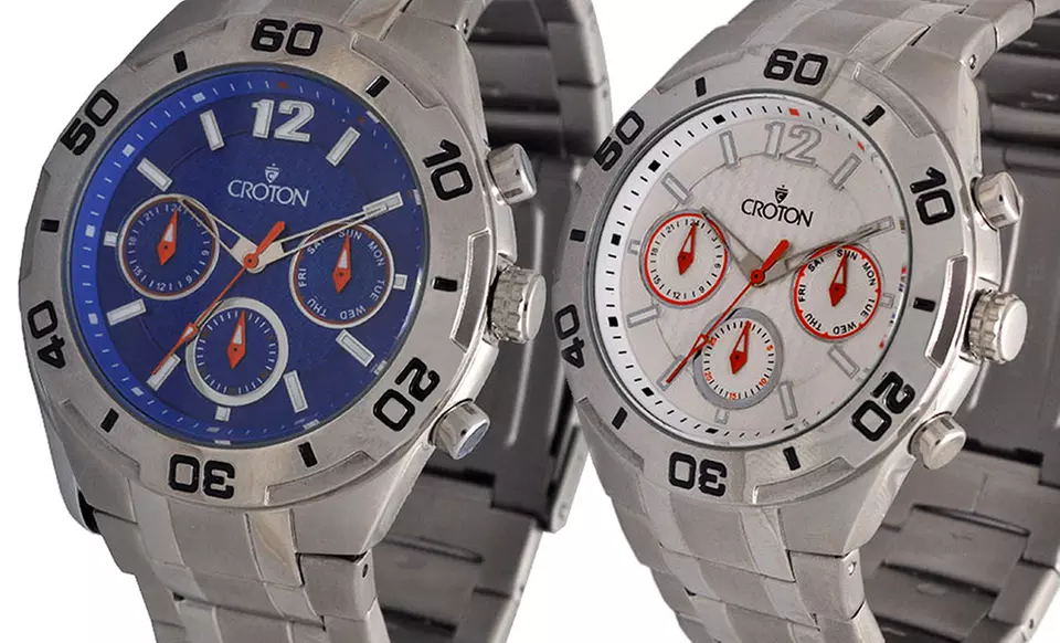 Croton Multifunction Men's Stainless Steel Watch with Blue or White Dial. Free Returns. - Primary Image