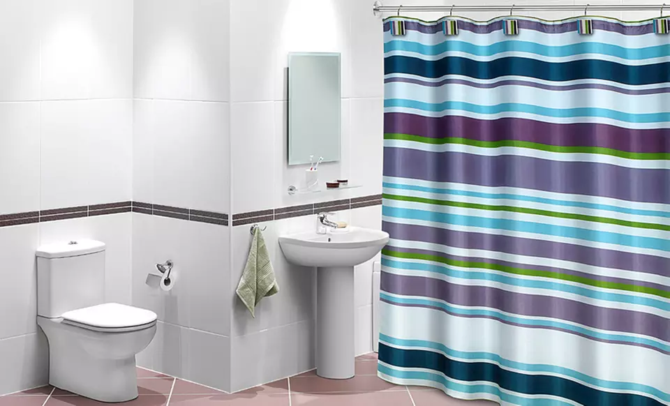Mildew-Resistant Fabric Shower Curtain with 12 Matching Hooks. Multiple Styles Available. - Primary Image