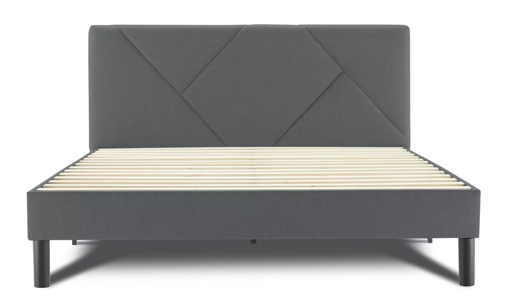 Letto imbottito in tessuto con doghe in legno e vano contenitore