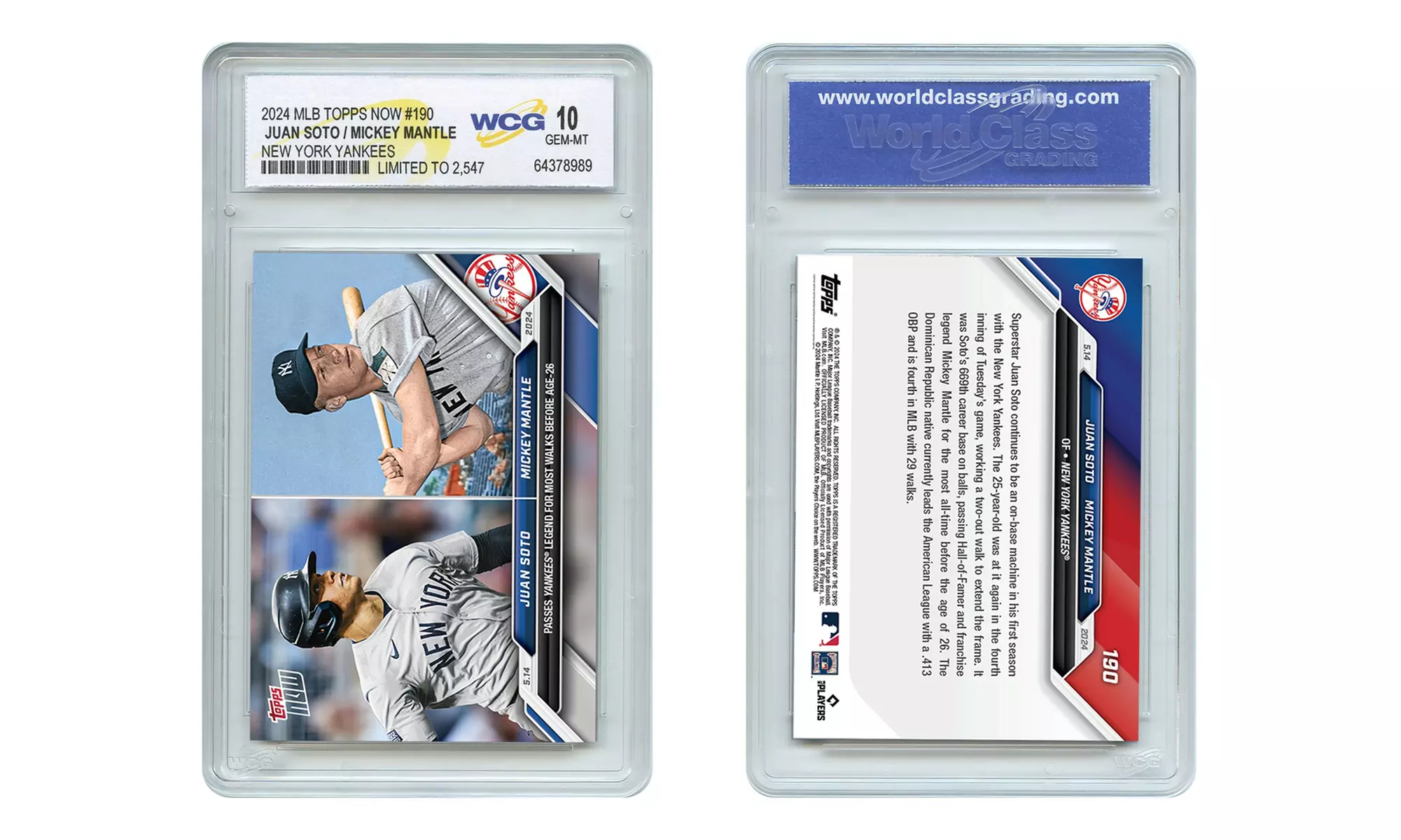 2024 Topps Now Juan Soto / Mickey Mantle NY Yankees Card #190 - Graded GM 10