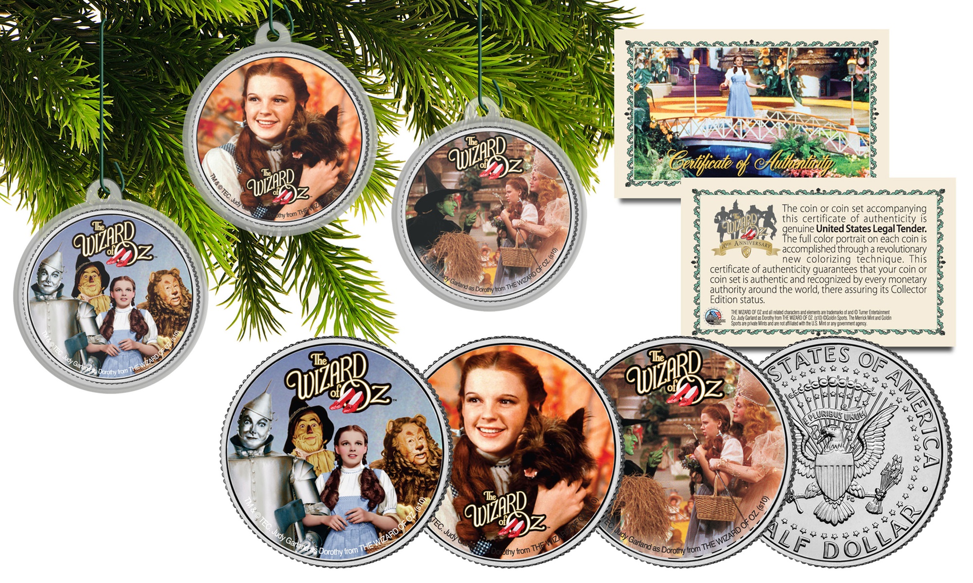 Wizard of Oz JFK Half Dollar 3-Coin Set Christmas Tree Ornament Capsules