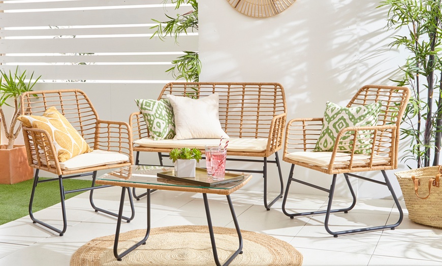 Image 6: Four-Piece Neo Wicker Bamboo Style Garden Sofa Table Chairs Set