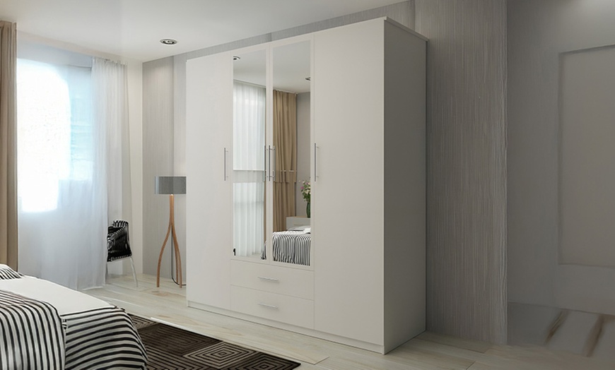 Image 10: Lucca Modern 4 Door Hinged Wardrobe with Mirror and Drawers