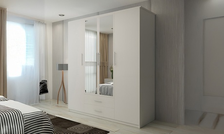 Lucca Modern 4 Door Hinged Wardrobe with Mirror and Drawers,Oak