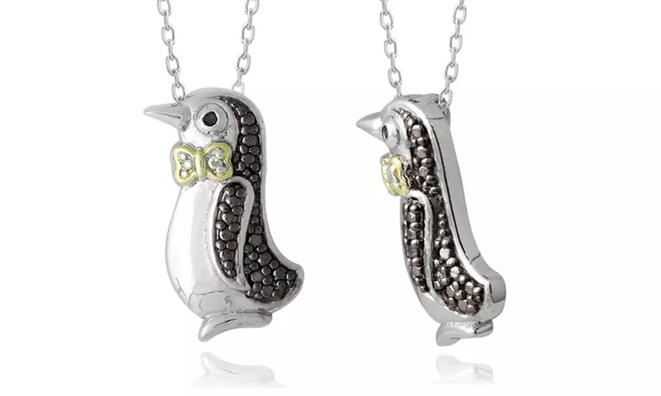 Silver Tone Two Tone Black Diamond Accent Penguin Necklace