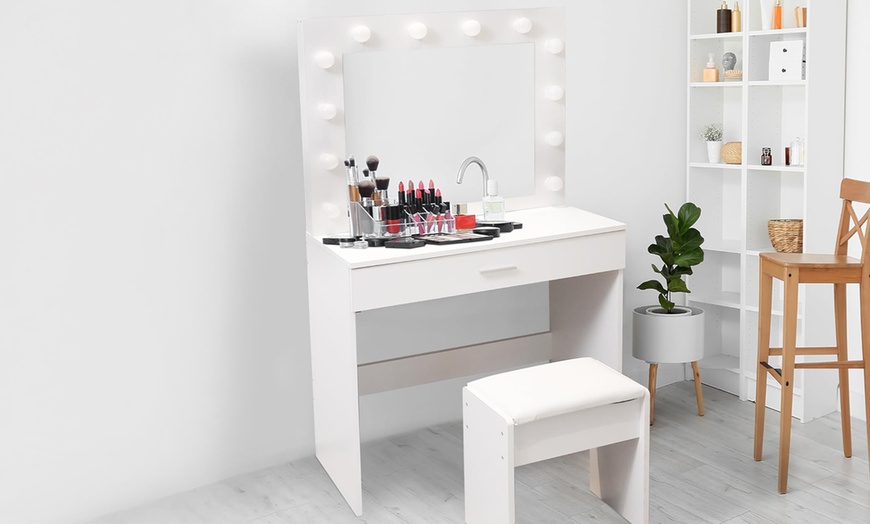 Image 3: White Dressing Table Makeup Desk With Stool and LED Lights