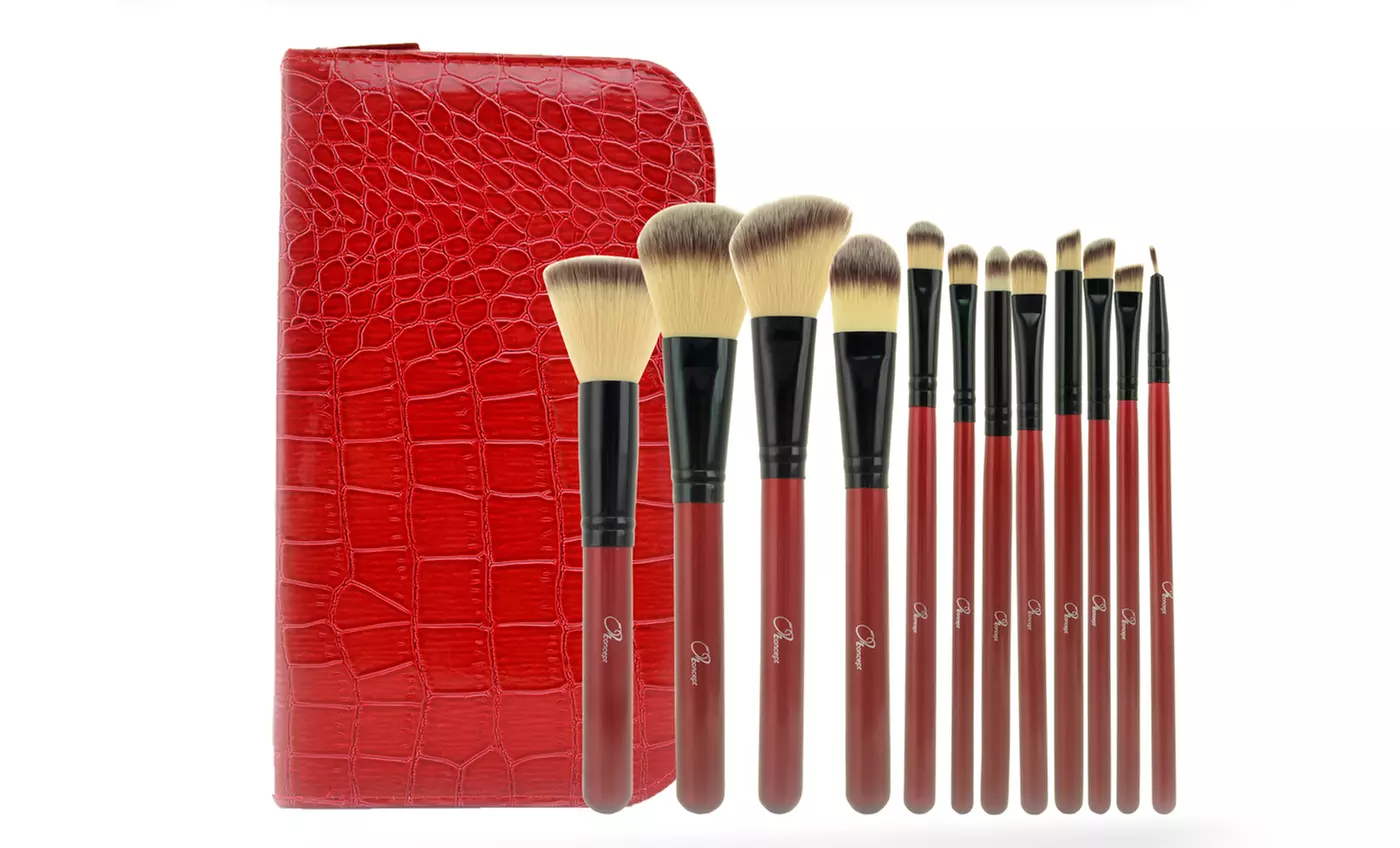 12-Piece Makeup Brush Set in a Red Crocodile Embossed Bag - Primary Image