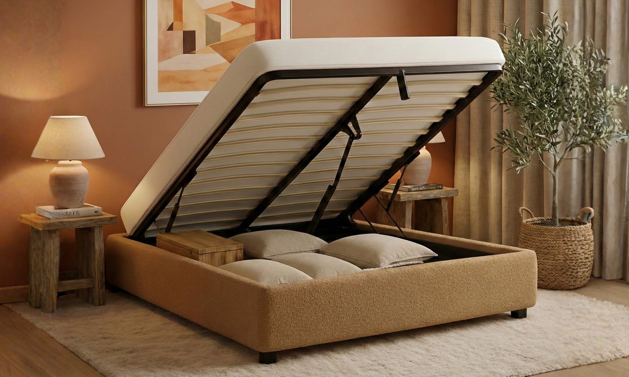 Lit coffre Génie avec système d’ouverture horizontale et large espace de rangement, matelas en option, de Sampur