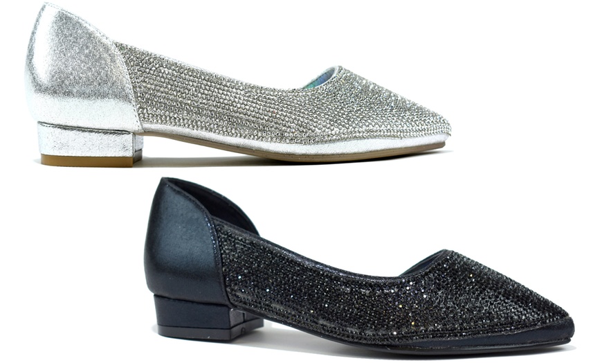 Image 1: Women's Slip-On Round Toe Crystal Diamante Shoes