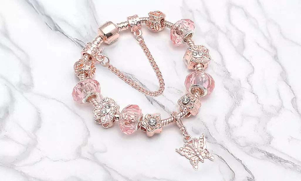  Pink Crystal Butterfly Charm Bracelet Made with Crystals From Swarovski
