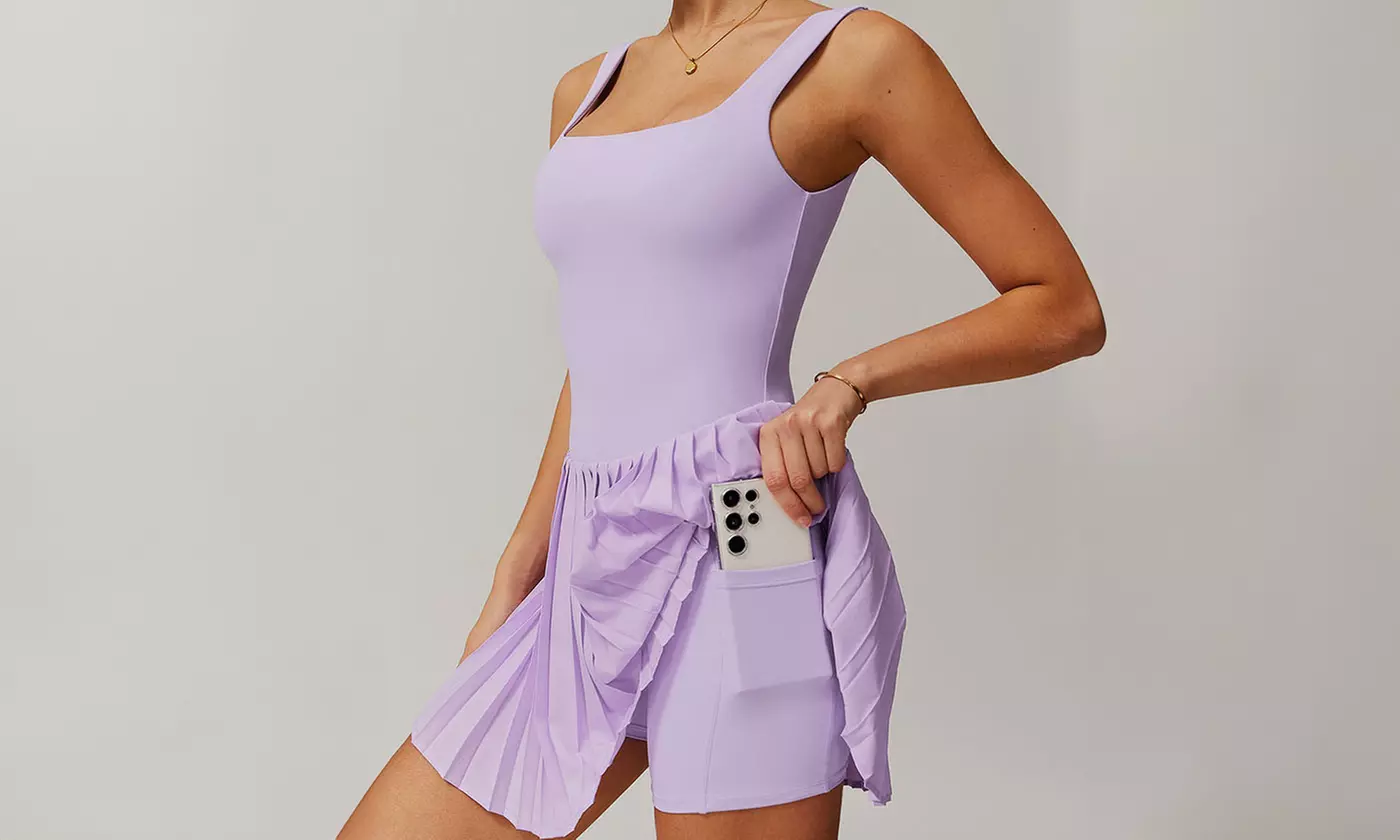 Women Tennis Dress with Built in Shorts and Bra Pleated Seamless Athletic Dress