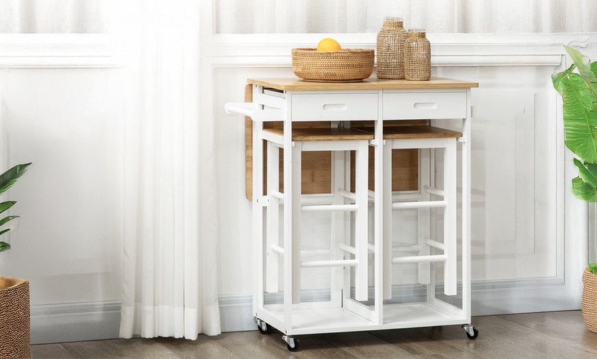 Image 3: HOMCOM Bamboo Breakfast Cart with Drop Leaf Table and Two Stools 