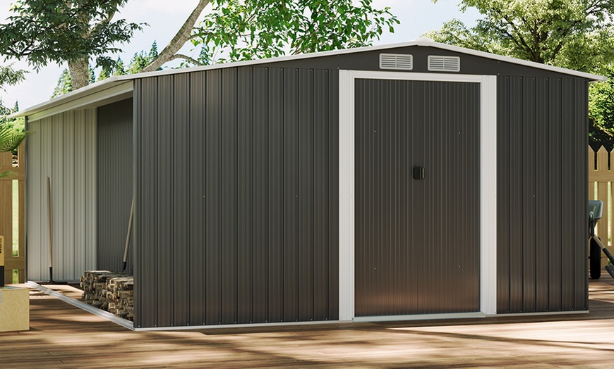 Image 18: Outdoor Black Garden Metal Storage Shed with Log Storage