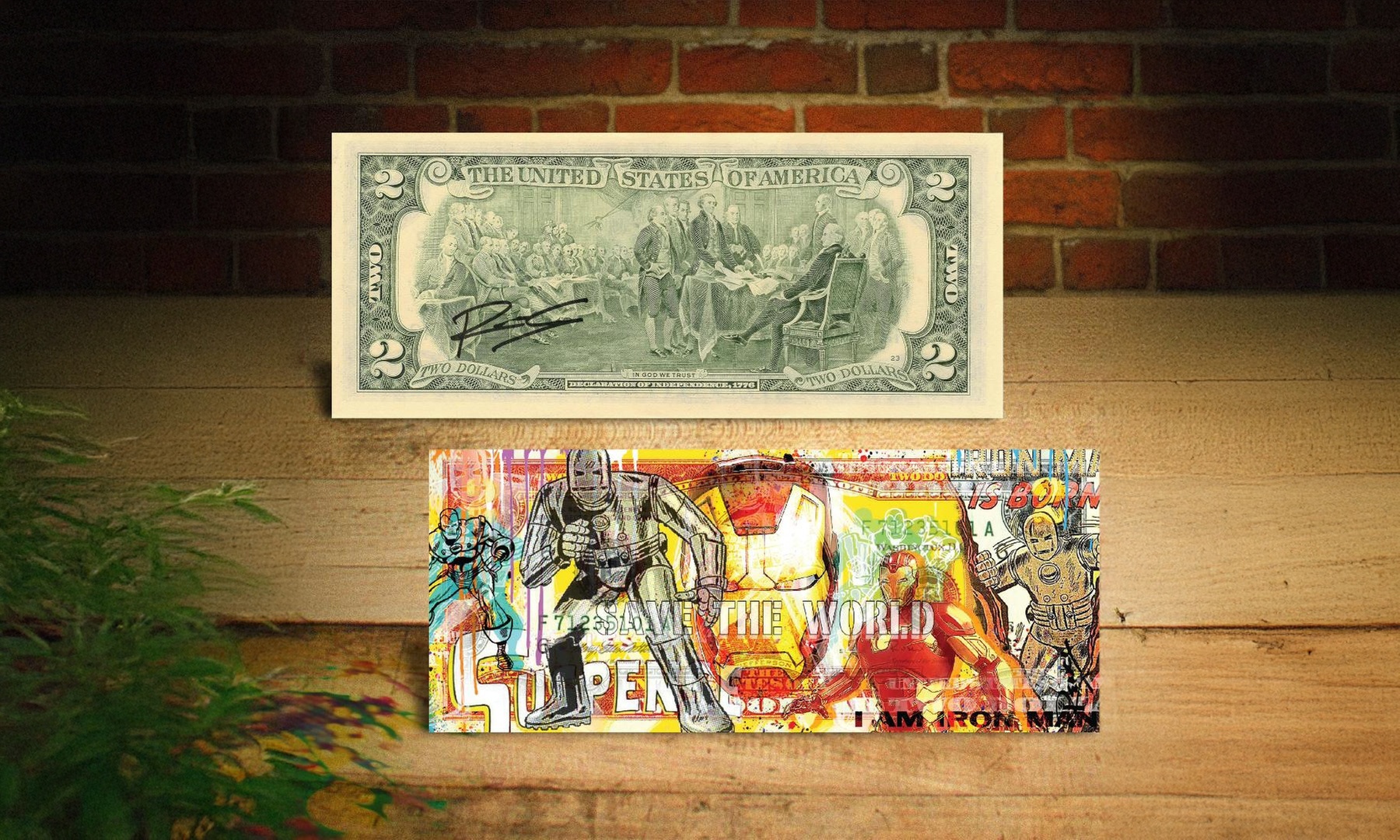Iron Man hand-signed by Rency Full Color Gilcee Art on Genuine 2 Dollar Bill