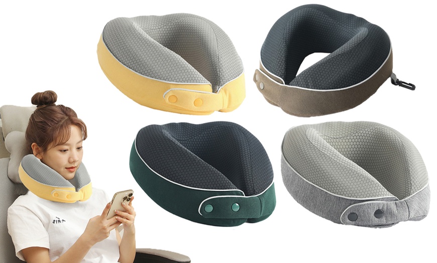 Image 1: Memory Foam Travel Neck Pillow Set, Includes Mask and Earplugs