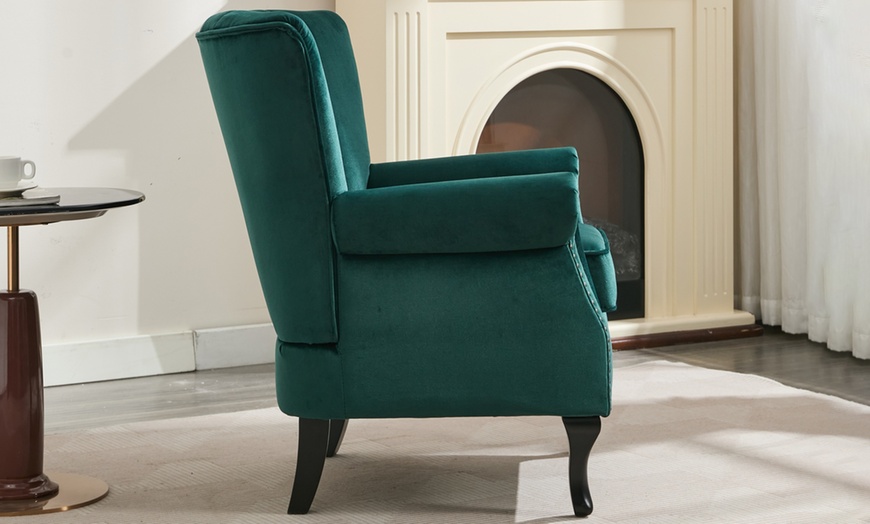 Image 4: Velvet Upholstered Accent Armchair; Stylish Mid-Century Design
