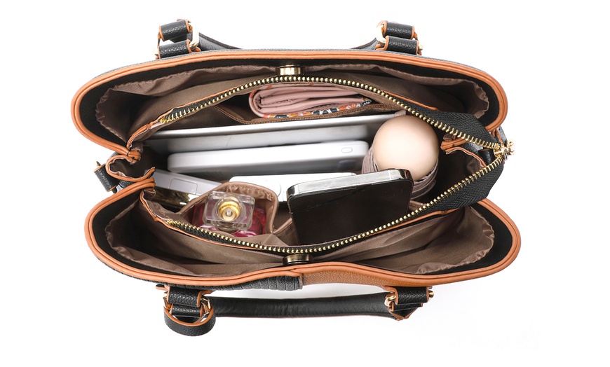 Image 12: Women's Color-block Fashion Tote and Top Handle Handbags