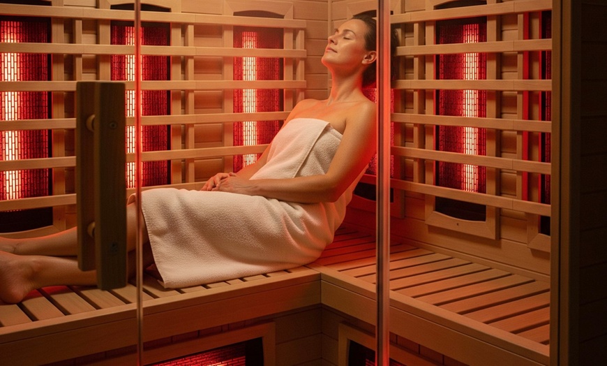 Image 1: One, Three or Five 40-Minute Infrared Sauna w/ Red Light Therapy