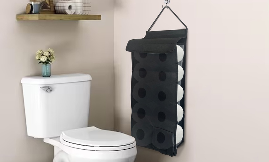 Image 1: Hanging Toilet Roll Storage Organiser - 6 or 10 Roll Capacity