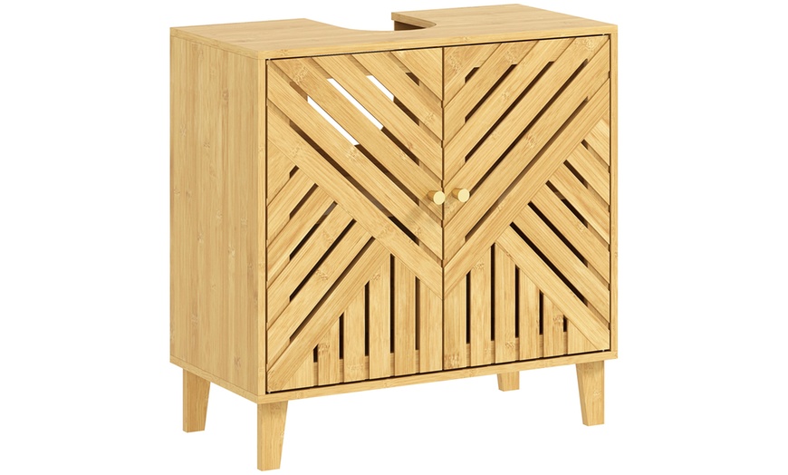 Image 8: Homcom Bamboo Bathroom Under Sink Cabinet with Adjustable Shelf