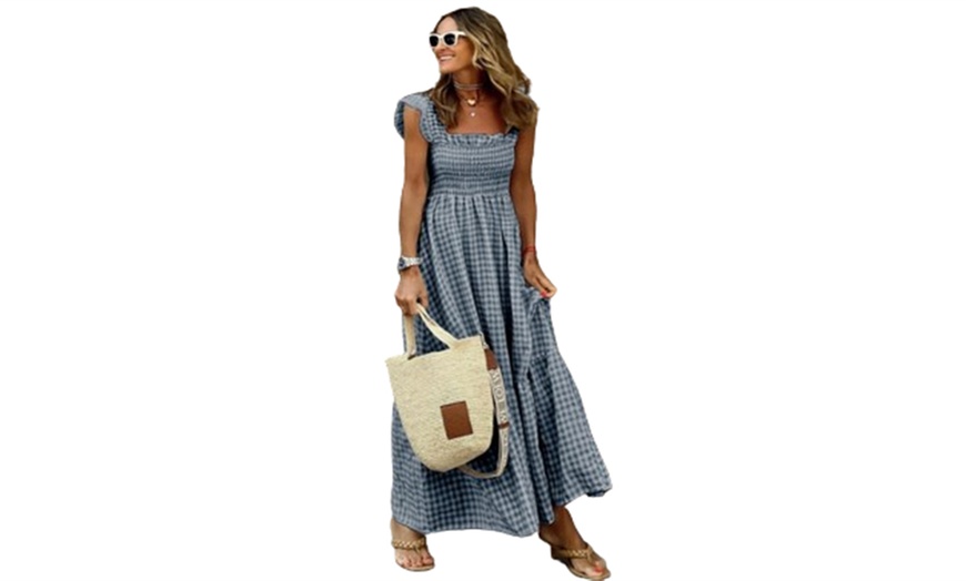 Image 4: Women's Cotton-Blend Sleeveless Gingham Maxi Ruffle Dress