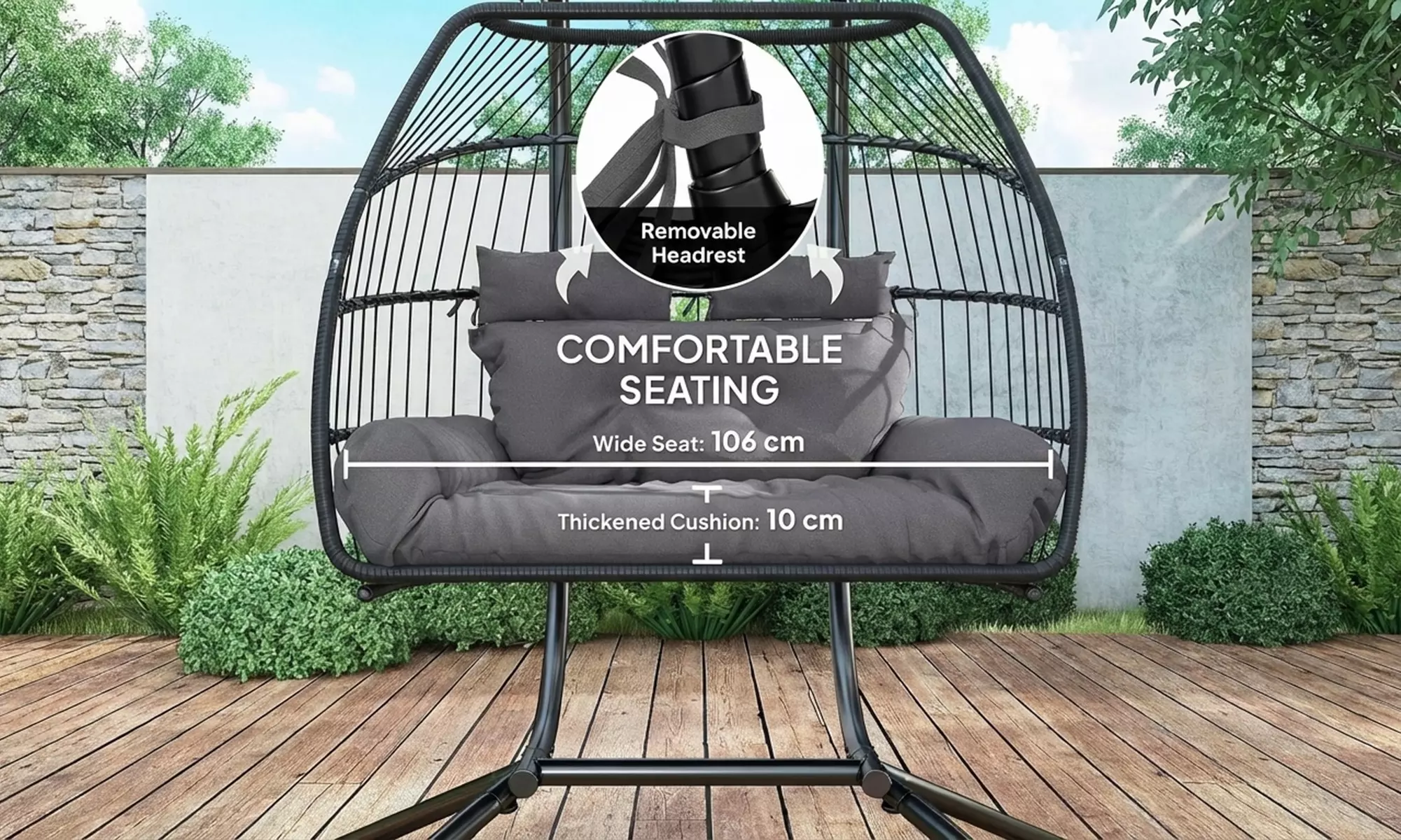 Outsunny Double Egg Rattan-Effect Swing Chair in Dark Grey