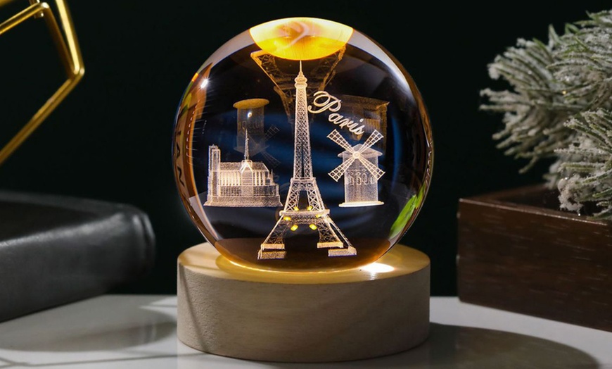 Image 1: 3D Engraved Crystal Ball Night Light with Solid Wood Base