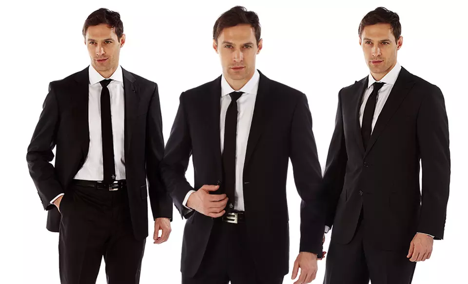 Via Men's 100% Wool Suit in Black on Black Stripe, Charcoal Black, or Navy. Free Returns. - Primary Image
