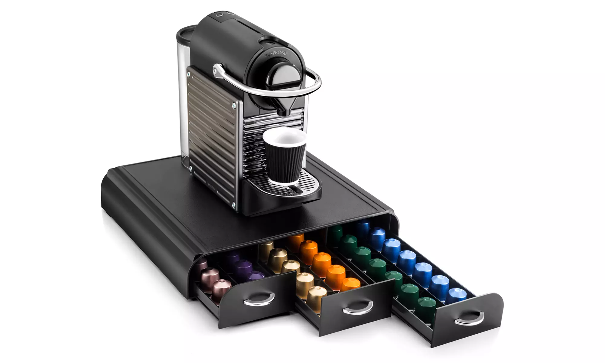 1 ou 2 range capsules 3 tiroirs, et 6 compartiments, pour café ou thé, jusqu'à 54 capsules, avec les poignées chromées - Primary Image