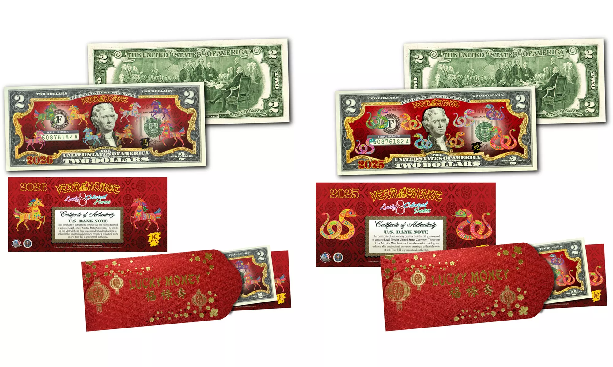 Chinese New Year Polychrome Lucky Money 2.00 Bill w/Red Envelope Year Editions