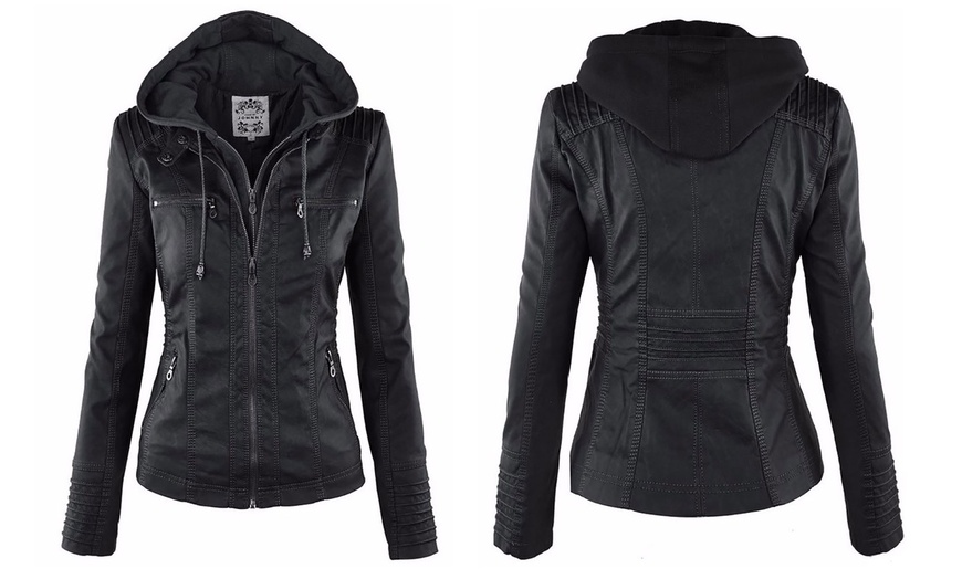 Image 2: Faux Leather Hooded Jacket