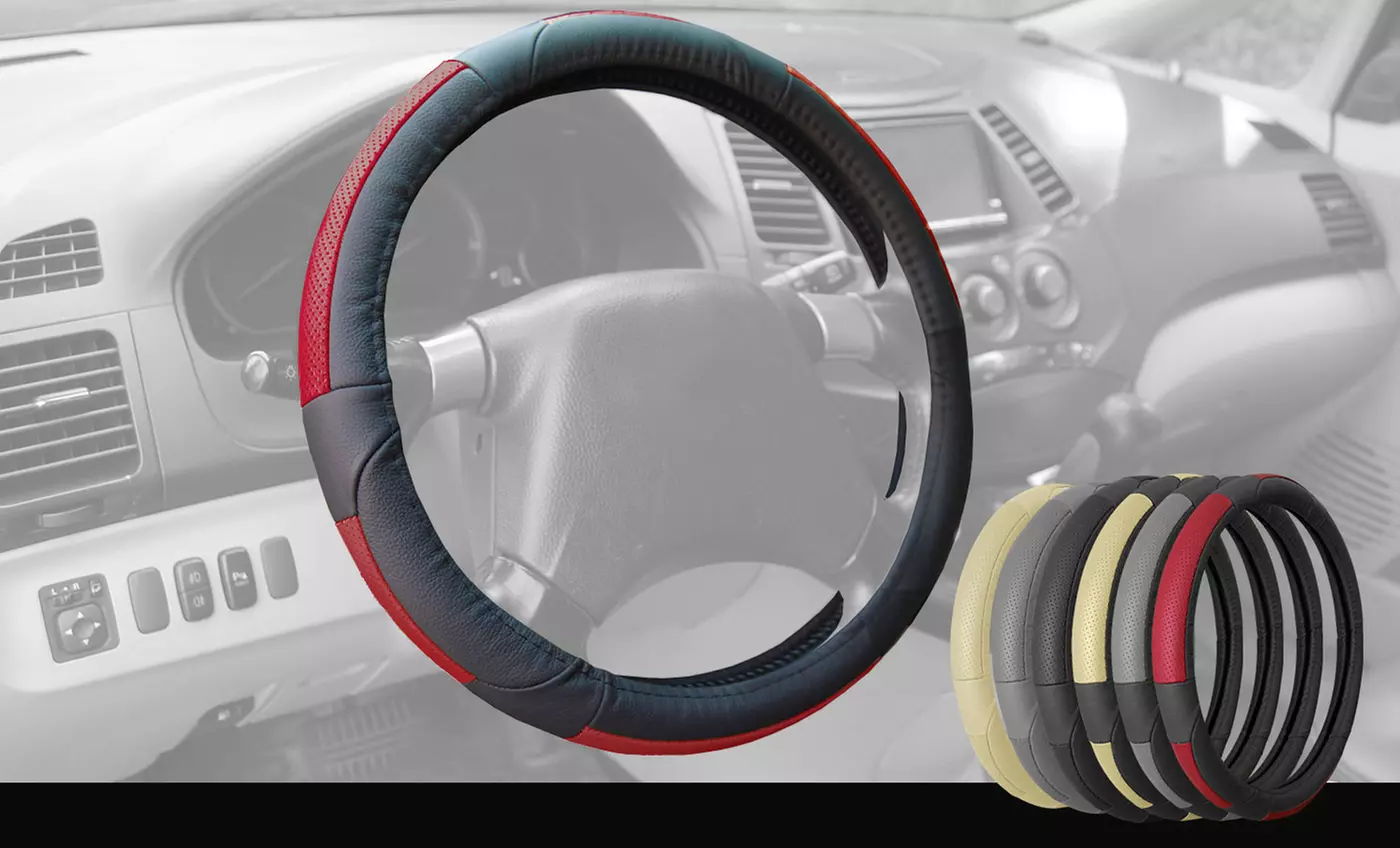 Premium Genuine Full-Grain Leather 15" Steering Wheel Cover - Primary Image