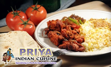 $12 for $25 Worth of Indian Fare and Drinks at Priya Indian Cuisine. Two Locations Available. - Primary Image