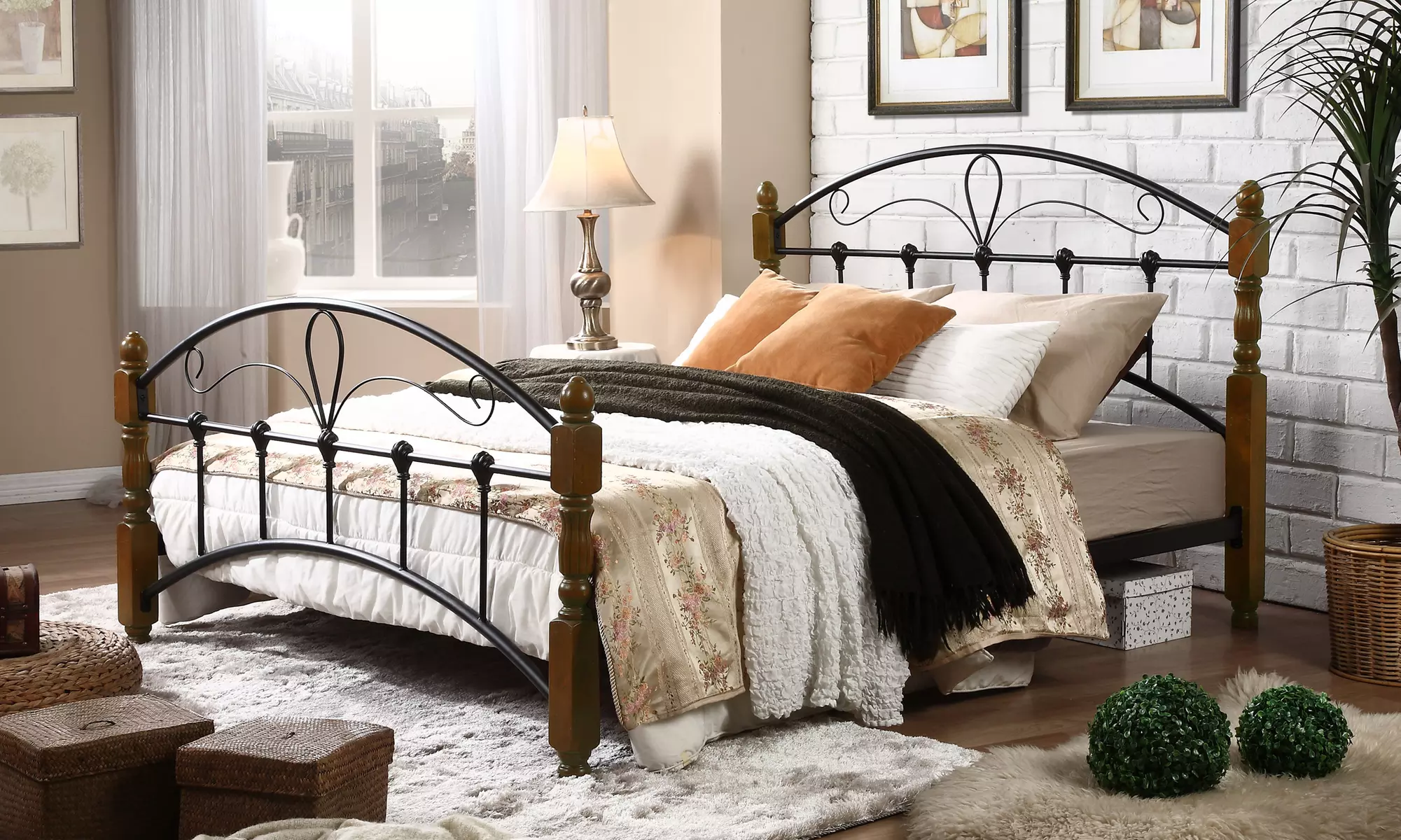 Nova Queen-Size Antique Bronze-Metal Bed Frame with Sturdy Walnut-Finish Wood Posts - Primary Image