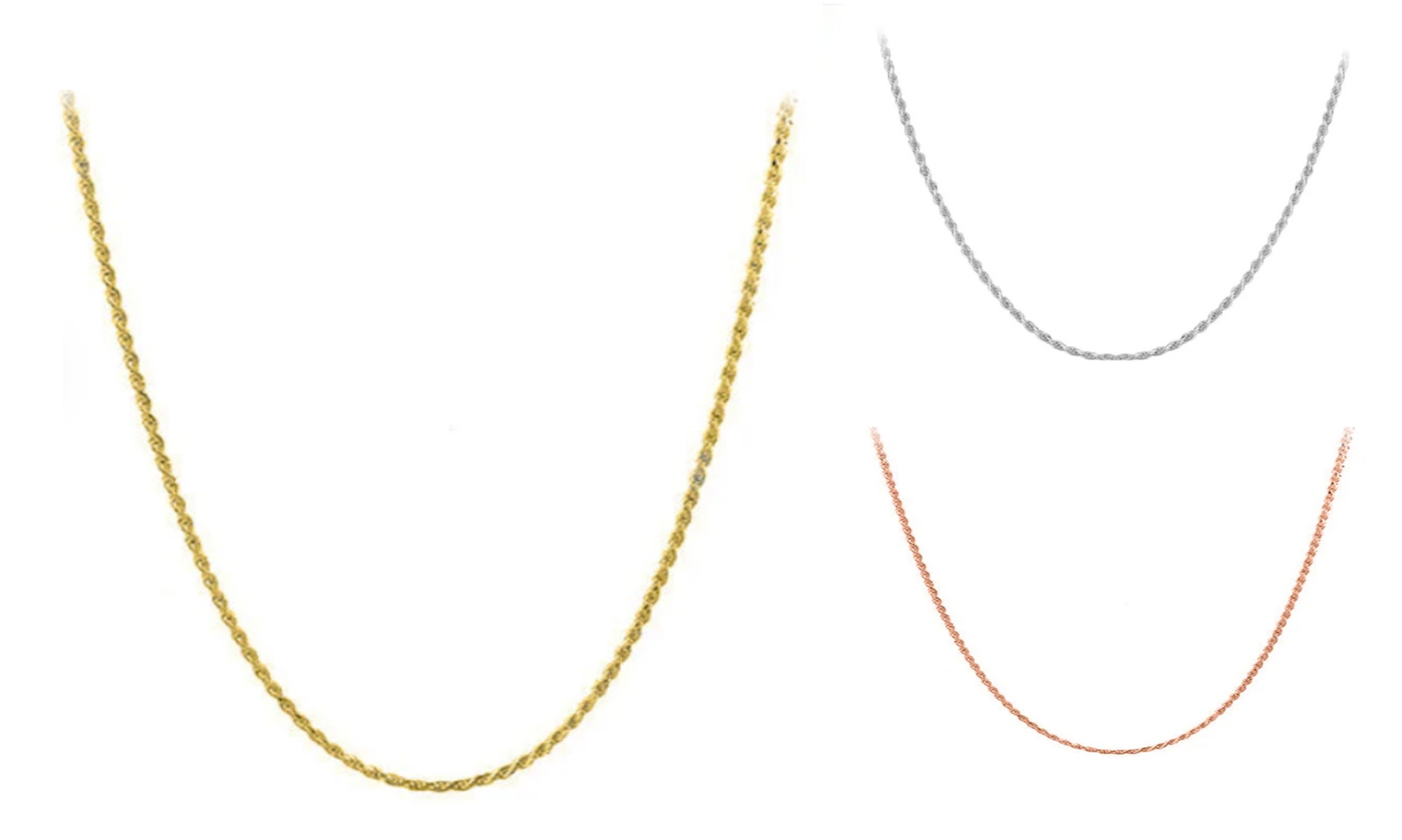 925 Sterling Silver Rope Chain Necklace – 3 Colors, 6 Sizes