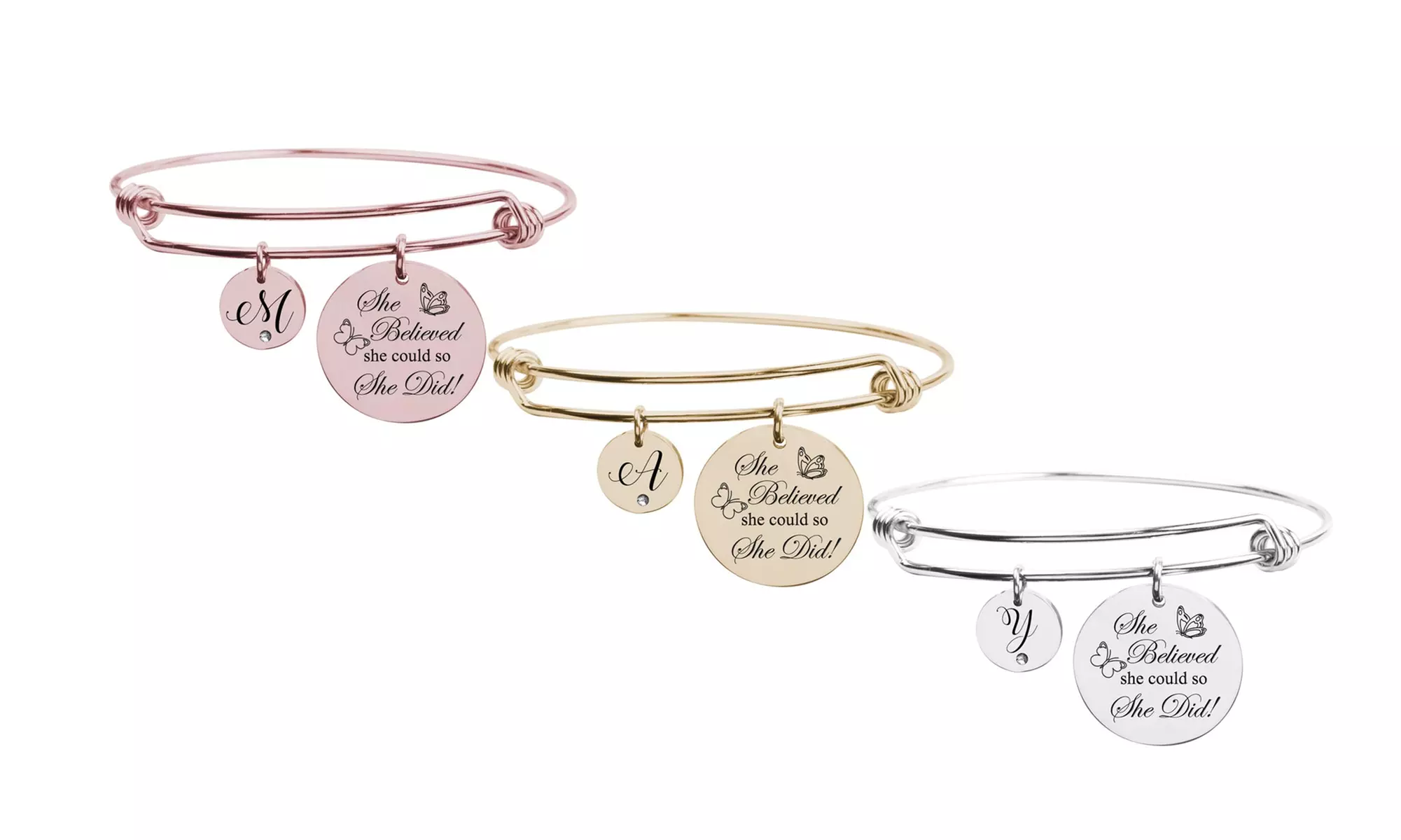 She Believed She Could Cubic Zirconia Accent Initial Bangle by Pink Box - Primary Image