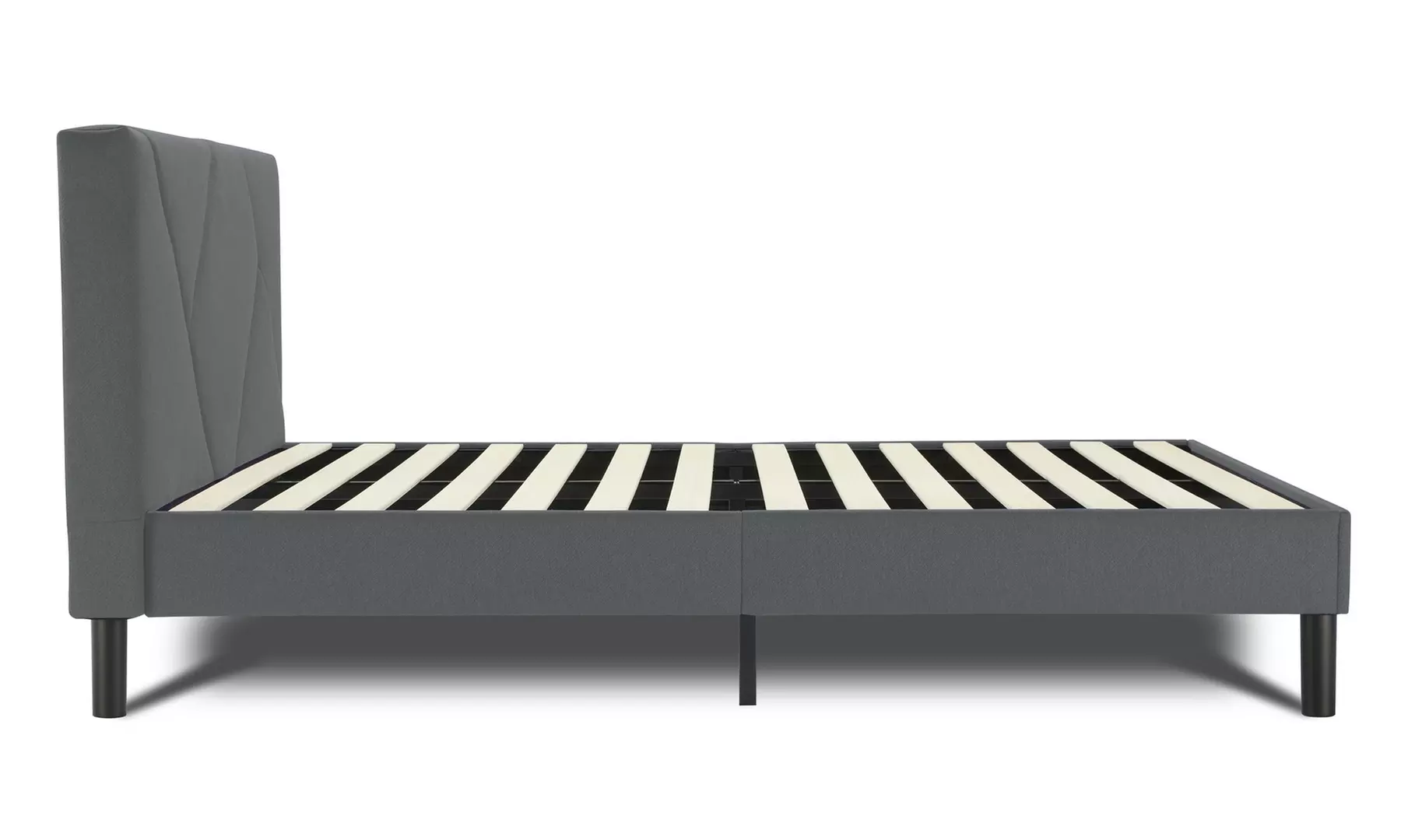 Letto imbottito in tessuto con doghe in legno e vano contenitore