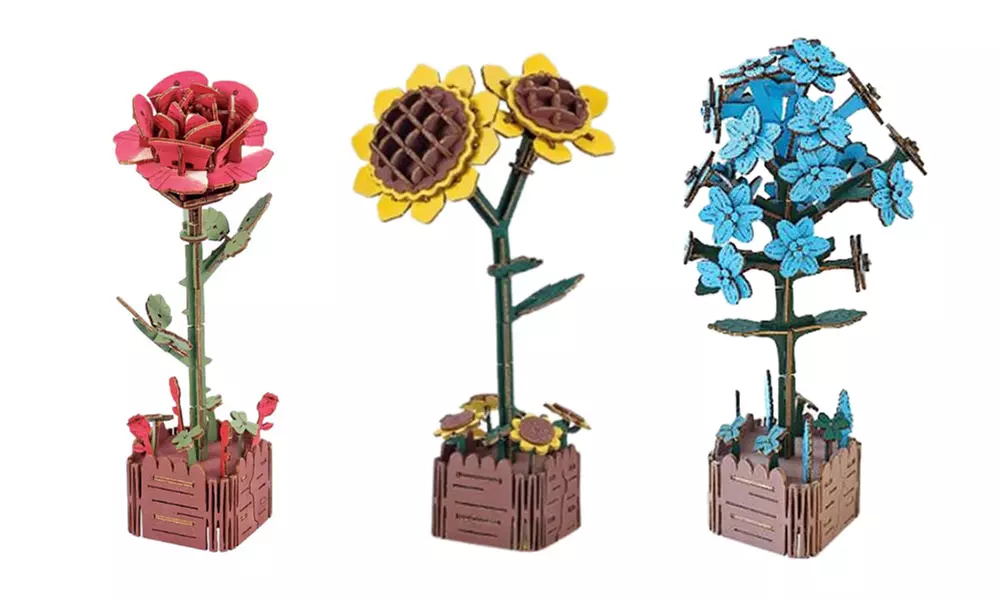 LEGO Inspired 3D Wooden Flower Puzzle Set