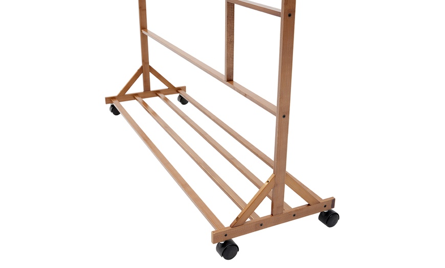 Image 4: Brown Bamboo Garment Rack with Wheels and  Bottom Shelf