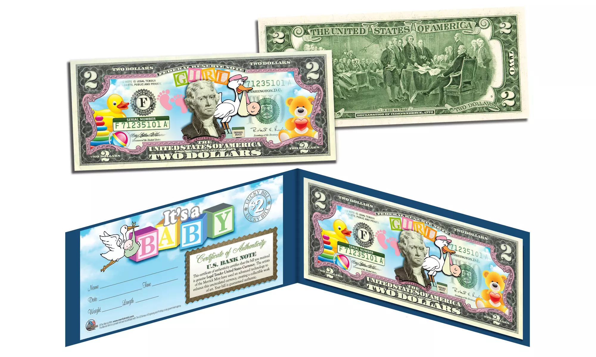 Baby Announcement Keepsake Colorized Two-Dollar Bill - Second Medium