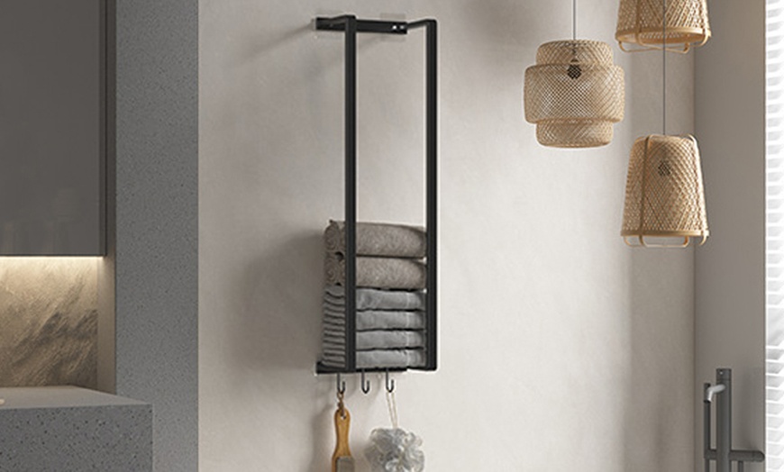 Image 2: Modern Style Carbon Steel Wall Towel Rack with Hooks