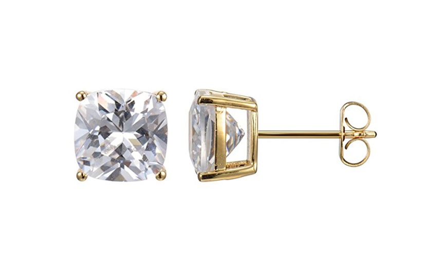 Image 1: 18K Yellow Gold Plated Sterling Silver 8.5mm Cushion 5 cttw CZ Stud Earrings 