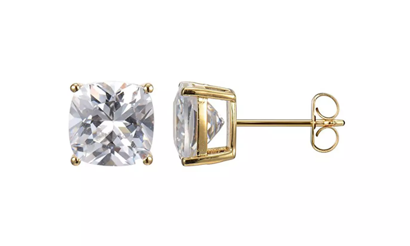 18K Yellow Gold Plated Sterling Silver 8.5mm Cushion 5 cttw CZ Stud Earrings - Primary Image