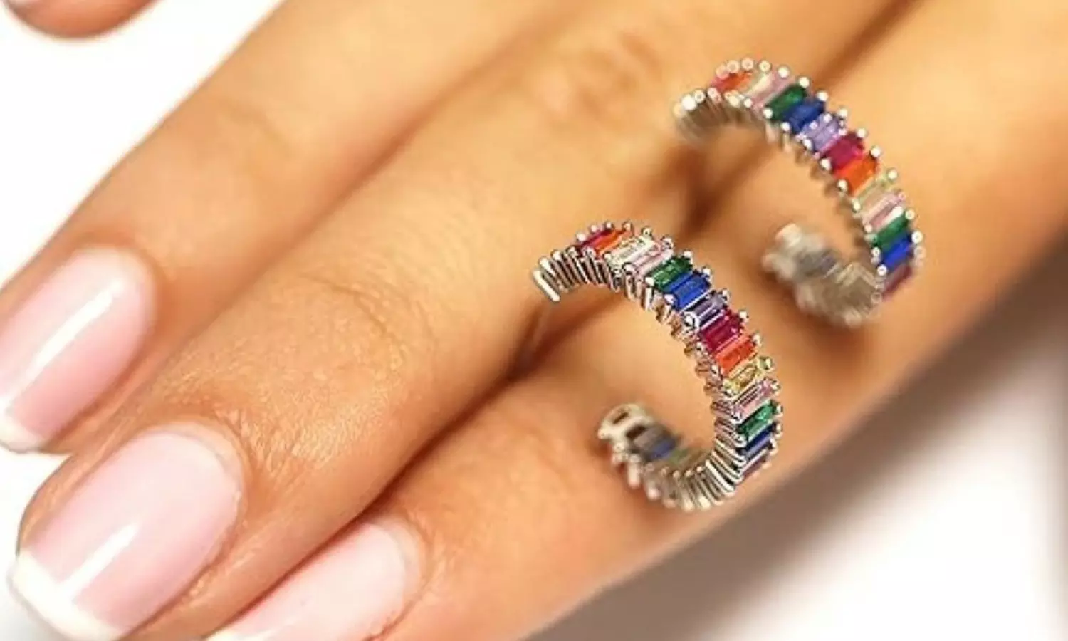 14k White Gold Plated Cubic Zirconia Multicolor Rainbow Round Hoop Stud Earrings