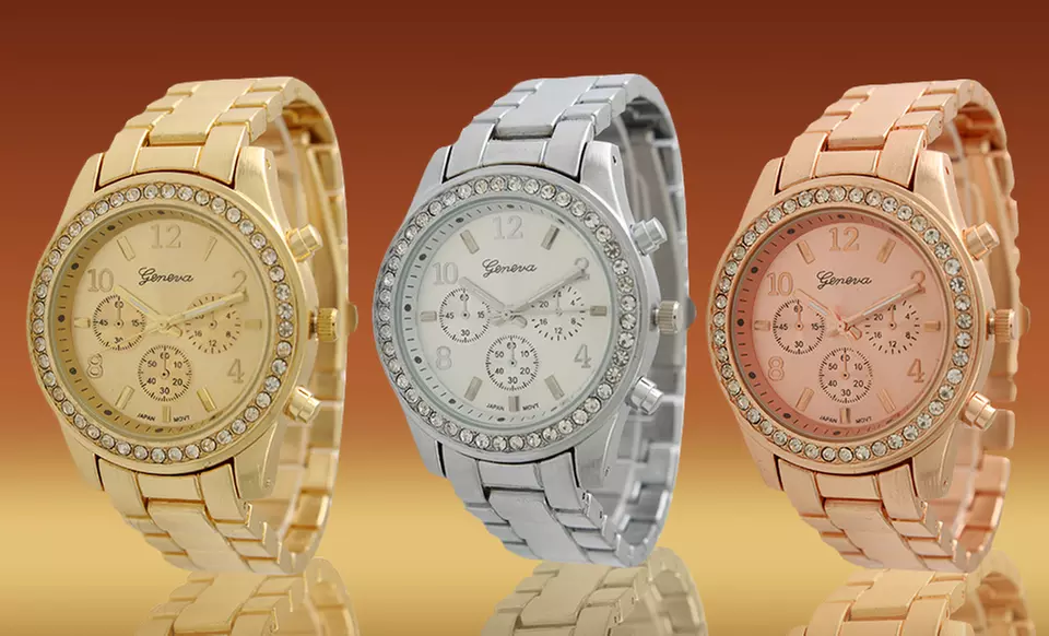 $9.99 for a Women's Geneva Boyfriend Watch with Crystals ($22.99 List Price). Multiple Colors Available. Free Returns. - Primary Image