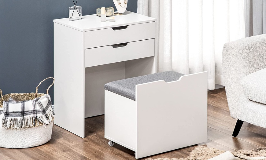 Image 1: HomCom Dressing Table with Flip-up Mirror and Storage Stool