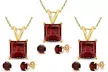 18K Yellow Gold plated Garnet Princess Cut 18 Inch Necklace & Round Earrings Set - Second Medium