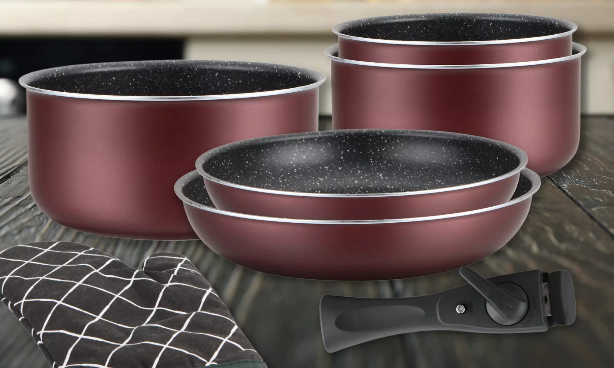 Batería de cocina de 5, 7 o 17 piezas con revestimiento antiadherente de piedra y mango desmontable, de Herzberg - Primary Image