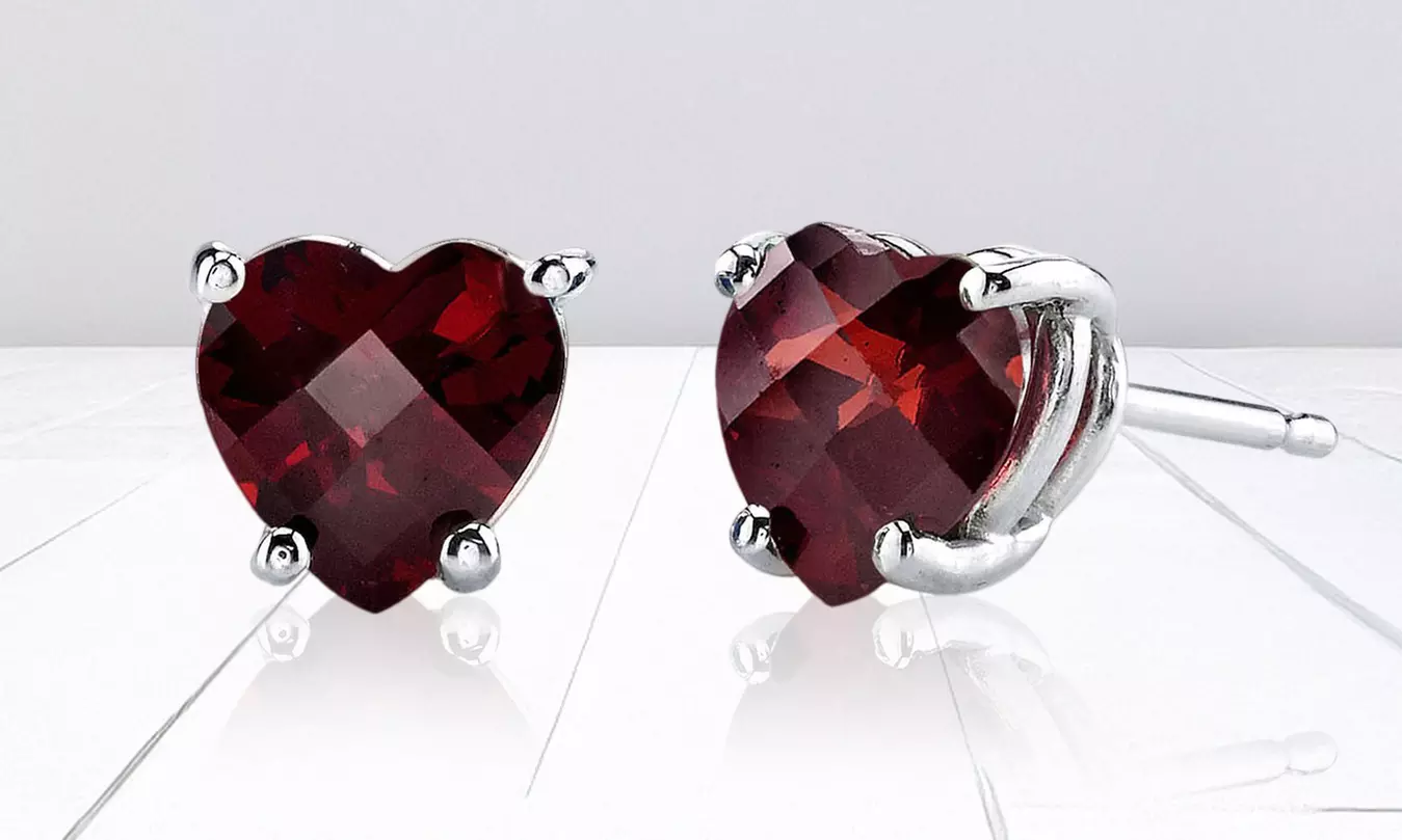 24k White Gold Plated 2 Cttw Garnet Heart Stud Earrings - Primary Image