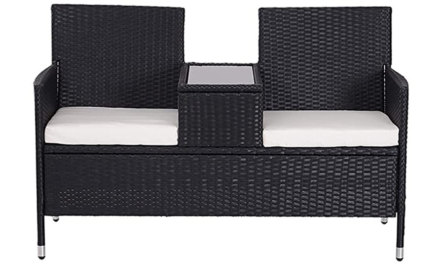 Image 2: Outsunny Two-Seater Rattan-Effect Chair with Integrated Table, Black